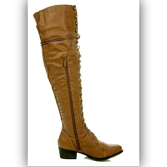 KNEE HIGH TAN LACE UP BOOTS - Picture 3 of 4